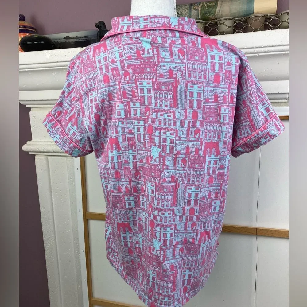 BedHead VTG NYC Print Pink and Blue PJ Top skyline, Statue of Liberty, & cat